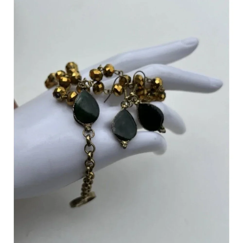 Vintage Green resin earrings bronze resin earrings matching bracelet Sz 7